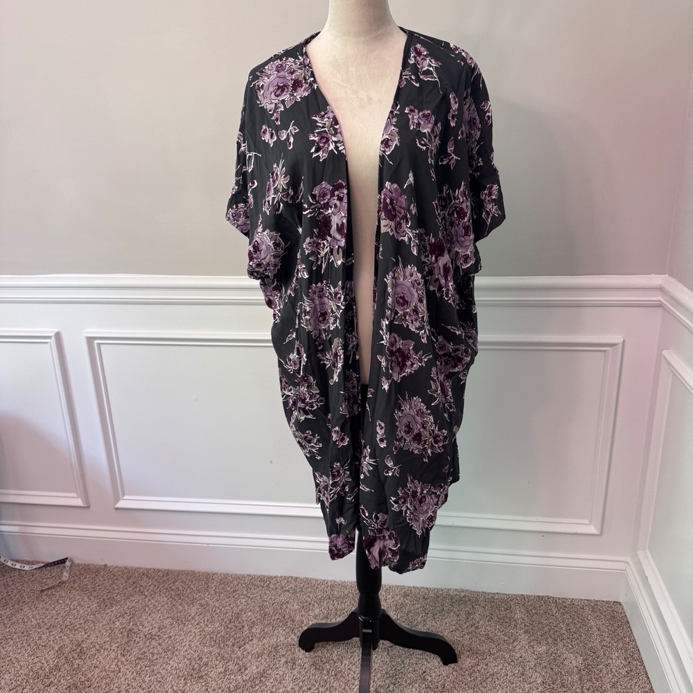 Womens Floral Open Front Kimono Wrap Purple Rose Oversized Cardigan Cover Up - Picture 2 of 12